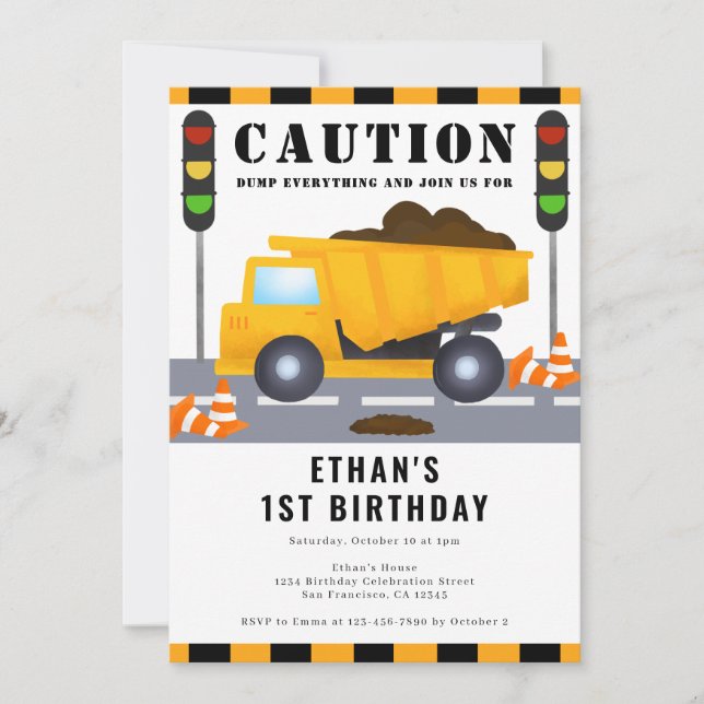 1st Birthday Construction Truck Party  Invitation (Front)