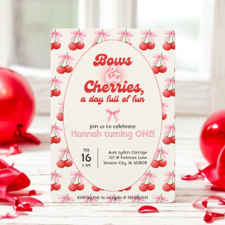 1st Birthday Coquette Cherries Bows Bubble Letters Invitation