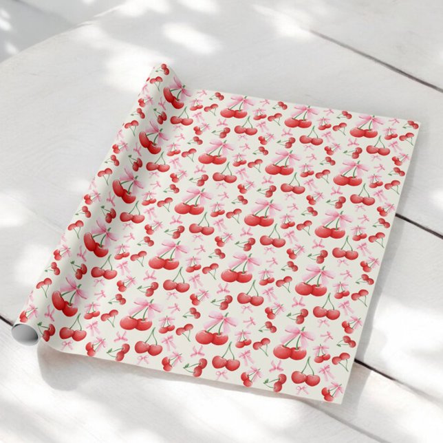 1st Birthday Coquette Cherries Bows Bubble Letters Wrapping Paper (Creator Uploaded)