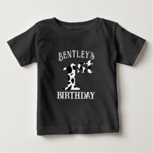 1st Birthday Cow Print White Text Baby T-Shirt