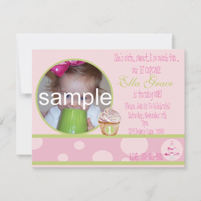 1st Birthday Cupcake Invitation - pink&green (Front)
