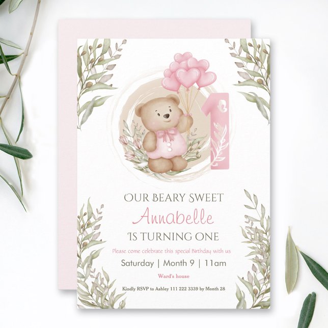 1st Birthday Cute Baby Bear Pink Heart Balloons Invitation (1st Birthday Cute Baby Bear Pink Heart Balloons Invitation)