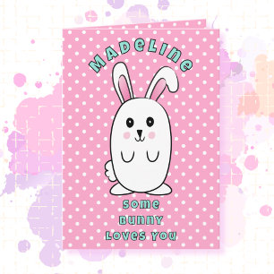 1st Birthday Cute Bunny Cartoon Pink White Blue   Card