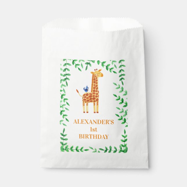1st Birthday Cute Giraffe & Bird Whimsical Party Favour Bags (Front)
