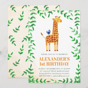 1st Birthday Cute Giraffe & Bird Whimsical Party Invitation