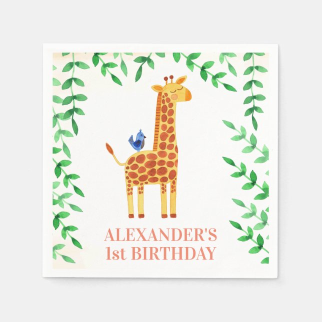 1st Birthday Cute Giraffe & Bird Whimsical Party Napkin (Front)