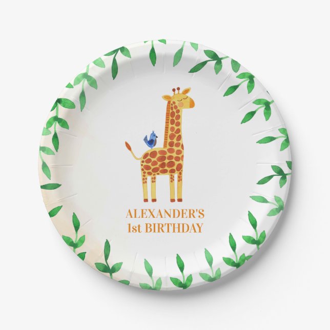 1st Birthday Cute Giraffe & Bird Whimsical Party Paper Plate (Front)