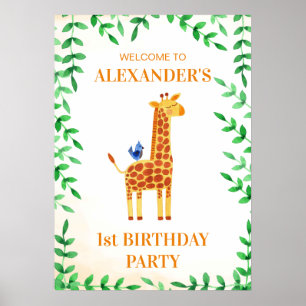 1st Birthday Cute Giraffe & Bird Whimsical Party Poster