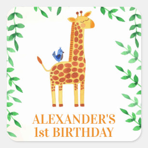 1st Birthday Cute Giraffe & Bird Whimsical Party Square Sticker