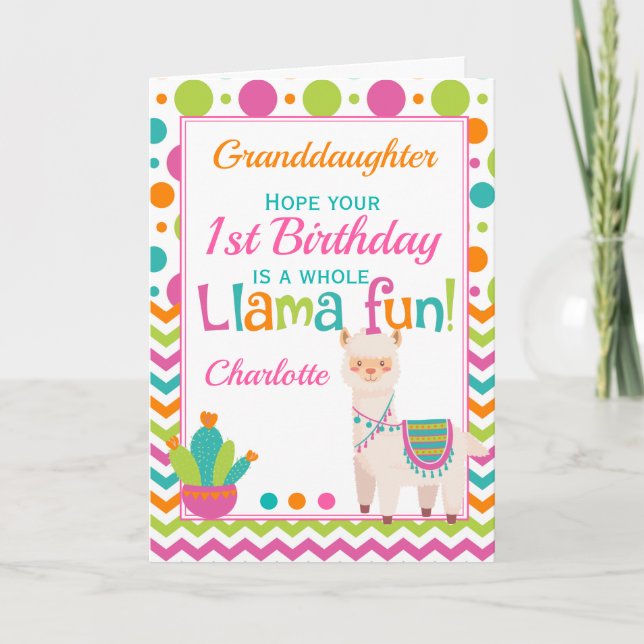 1st Birthday Cute Llama Fun Granddaughter Card (Front)