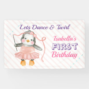 1st Birthday Cute Penguin Ballerina Pink Banner