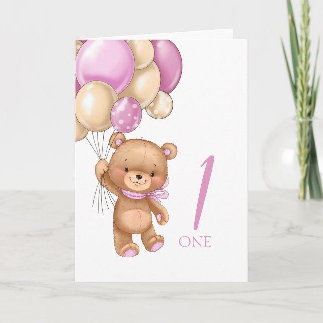 1st birthday cute pink balloons girl teddy card (Front)