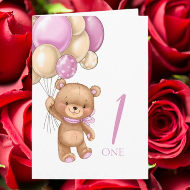 1st birthday cute pink balloons girl teddy card (Celebrate her special day with a cute pink teddy and balloons 1st birthday card)