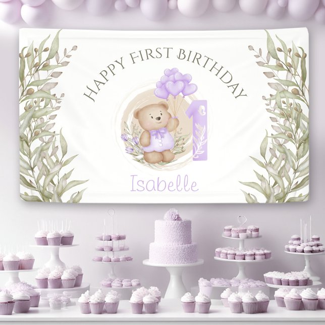 1st Birthday Cute Purple Teddy Bear Greenery Banner (1st Birthday Cute Purple Teddy Bear Greenery Banner)