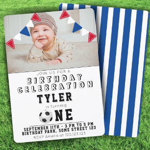  1st Birthday Cute Soccer Football Kids Photo Invitation