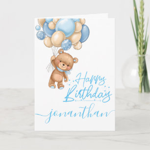 1st birthday cute teddy balloon boy card