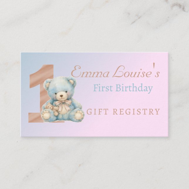 1st Birthday Cute Teddy Bear Gift Registry Enclosure Card (Front)