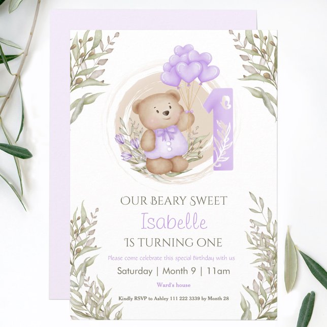 1st Birthday Cute Teddy Bear Purple Heart Balloons Invitation (1st Birthday Cute Teddy Bear Purple Heart Balloons Invitation)