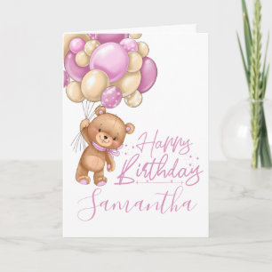 1st birthday cute teddy pink balloon girl card