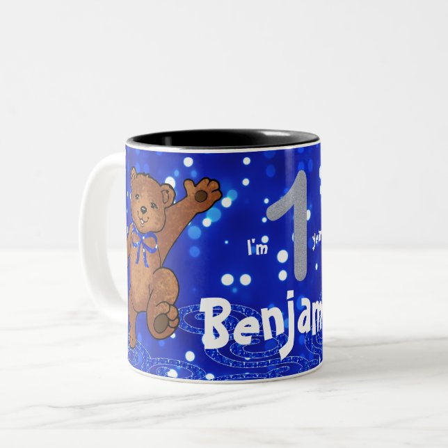 1st Birthday Dancing Teddy Bear Two-Tone Coffee Mug (Front Left)