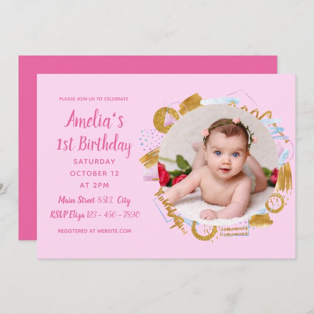 1st Birthday - Delicate Gold and Pink Photo Frame Invitation (Front/Back)