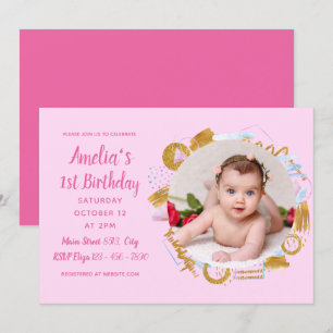 1st Birthday - Delicate Gold and Pink Photo Frame Invitation