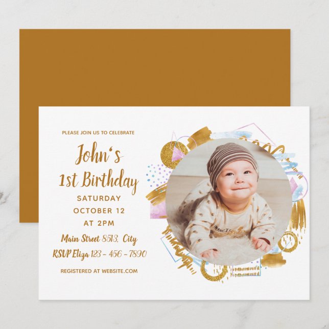 1st Birthday - Delicate Golden Photo Frame Invitation (Front/Back)