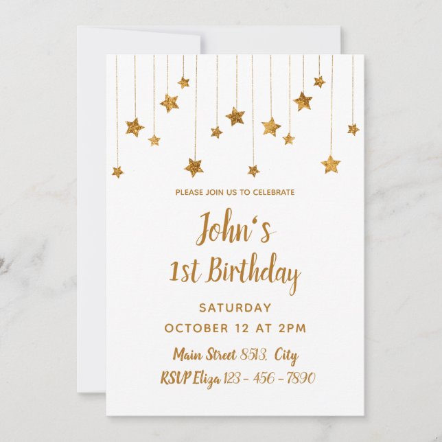 1st Birthday - Delicate Golden Stars Minimal Invitation (Front)