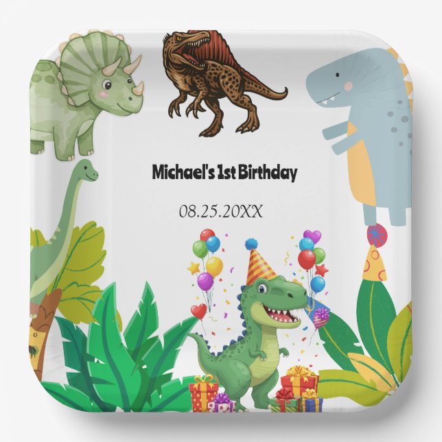 1st Birthday Dinosaur Minimal baby boy Paper Plate (Front)