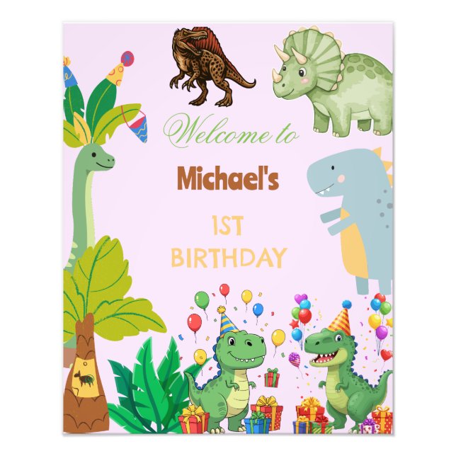 1st Birthday Dinosaur Minimal baby welcome sign (Front)