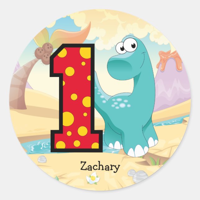 1st Birthday Dinosaur Party Custom Classic Round Sticker (Front)