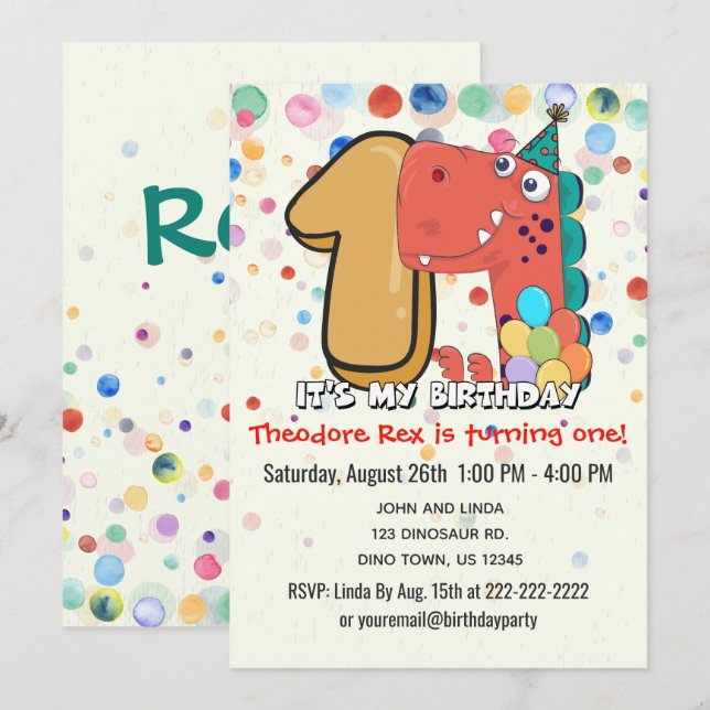 1st Birthday Dinosaur Party Custom Invitation (Front/Back)