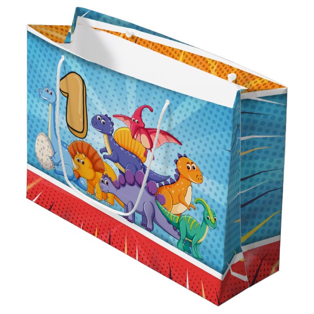 1st Birthday Dinosaur Party Large Gift Bag (Front Angled)