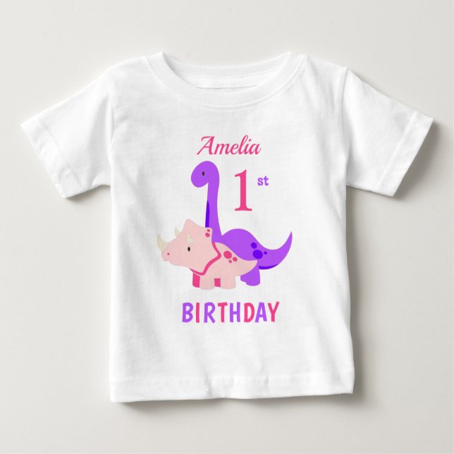 1st Birthday Dinosaurs Pink Baby T-Shirt (Front)
