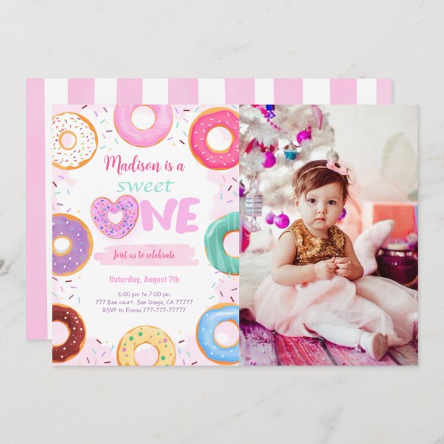 1st Birthday Doughnut Party Photo Invitation (Front/Back)