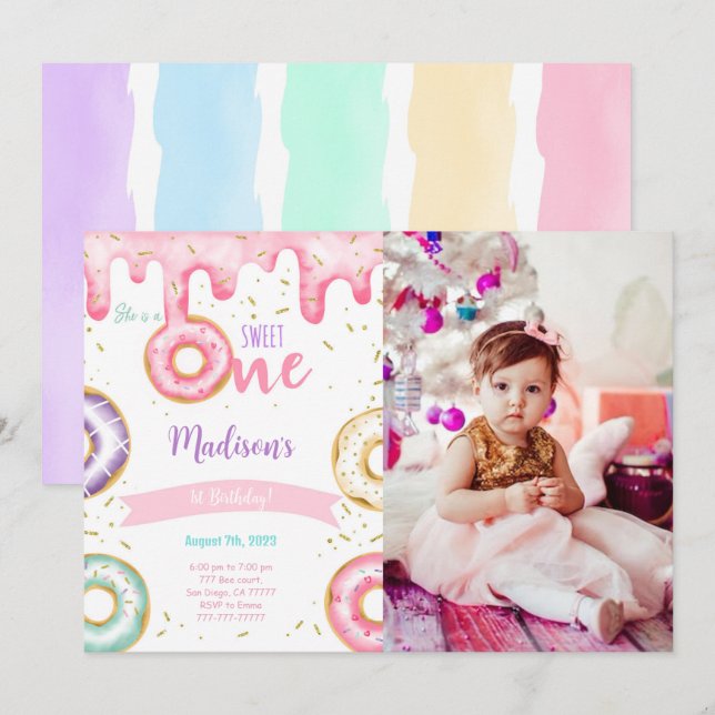 1st Birthday Doughnut Photo Invitation (Front/Back)