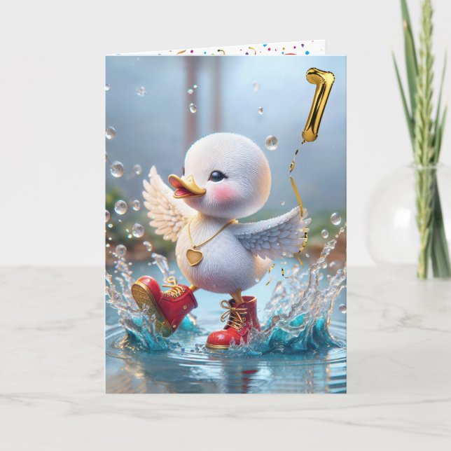 1st Birthday Duck Dancing In a Rain Puddle Card (Front)