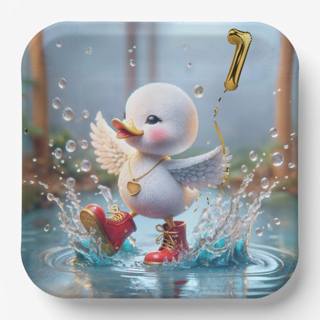 1st Birthday Duck Dancing In a Rain Puddle Paper Plate (Front)