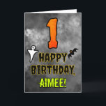 1st Birthday: Eerie Halloween Theme   Custom Name Card<br><div class="desc">The front of this scary and spooky Halloween themed birthday greeting card design features a large number “1”, along with the message “HAPPY BIRTHDAY, ”, and an editable name. There are also depictions of a bat and a ghost on the front. The inside features a custom birthday greeting message, or...</div>