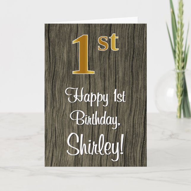 1st Birthday: Elegant Faux Gold Look #, Faux Wood Card (Front)