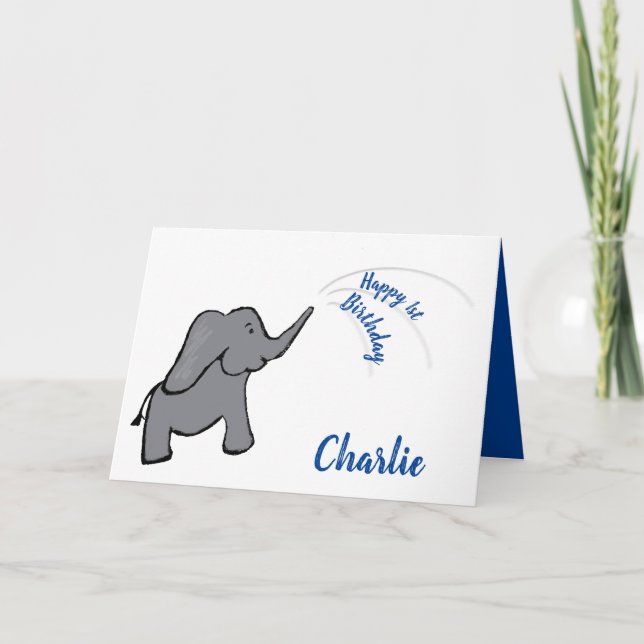 1st birthday elephant blue boy card (Front)