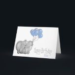 1st birthday elephant with balloon card<br><div class="desc">Personalized 1st birthday card,  with an elephant with blue balloons.

The name & the inside message can be customized. 
 
This cute and illustrated design is perfect for a son or grandson on a one year old baby boy's birthday.</div>