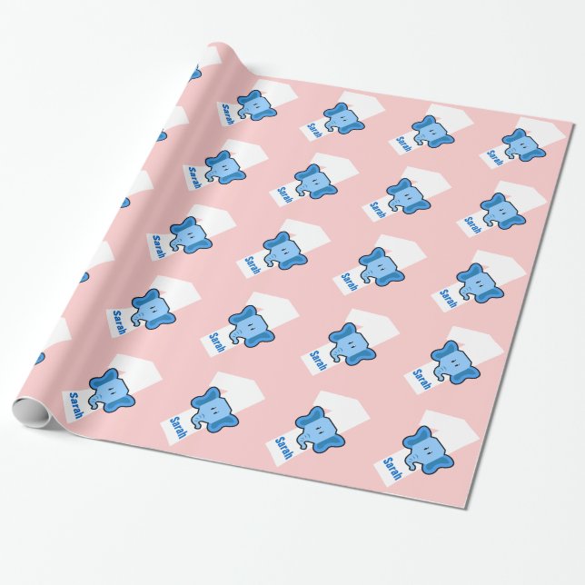 1st Birthday ELEPHANT Year Old Custom Girl Name Wrapping Paper (Unrolled)