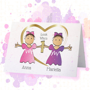 1st Birthday Ethnic Twin Girls Sweet Personalised  Card
