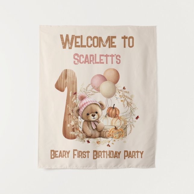 1st Birthday Fall Bear Girl Welcome Sign Tapestry (Front)