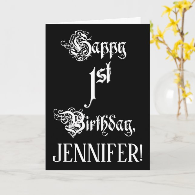 1st Birthday: Fancy, Elegant Script + Custom Name Card (Yellow Flower)