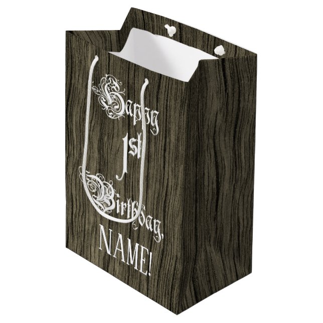 1st Birthday: Fancy, Faux Wood Look + Custom Name Medium Gift Bag (Front Angled)
