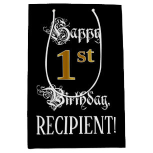 1st Birthday ~ Fancy Script; Faux Gold Look; Name Medium Gift Bag
