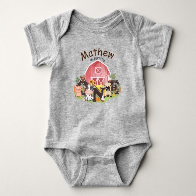 1st Birthday Farm barnyard cute animals, I’m one  Baby Bodysuit (Front)