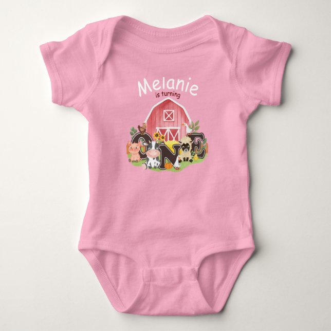 1st Birthday Farm barnyard cute animals, I’m ONE Baby Bodysuit (Front)